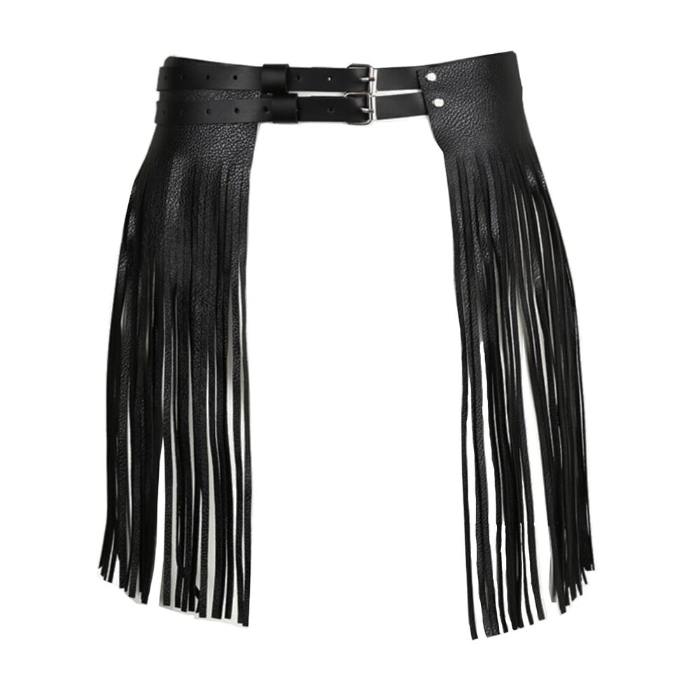 9695 Faux Leather Double Waist Belt Fringe Tassel Skirt Christmas Halloween